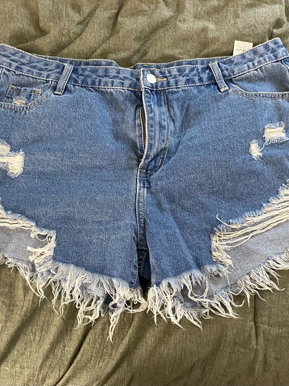 Blue Distressed High-Rise Denim Shorts with Frayed Hem